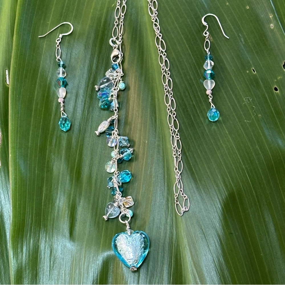Turquoise Swarovski Heart & Crystals on Silver Necklace & Earring Set